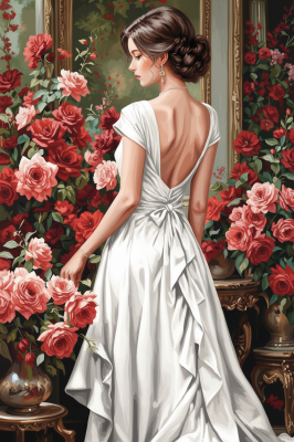 Woman in white dress with roses