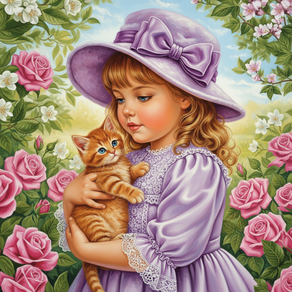 Little girl, kitten, rose garden, charming.