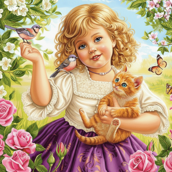 Little girl, cat and birds.