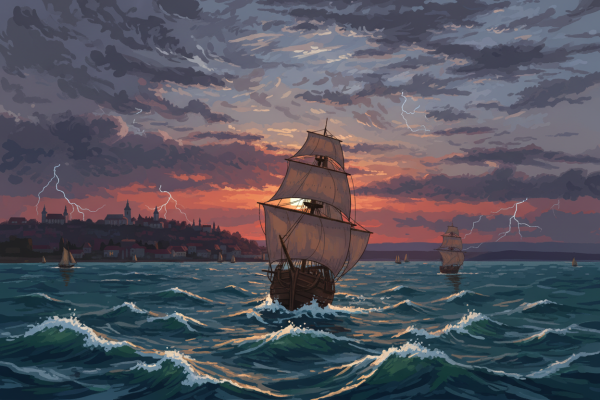 Sailboats sailing on a stormy sea