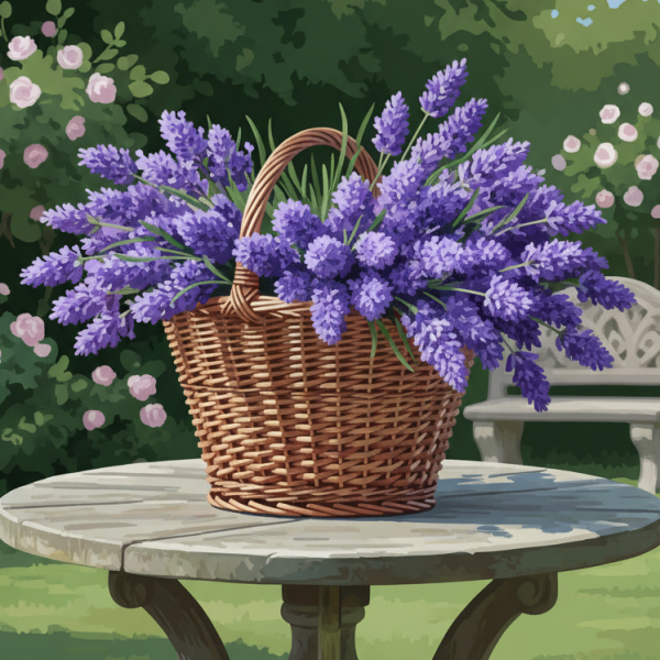 Lavender in a basket in the garden