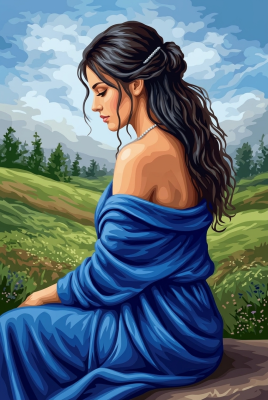 Blue dressed lady in the meadow