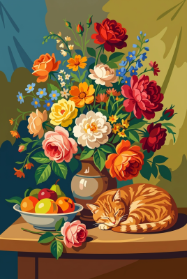 Still life with flowers and cat