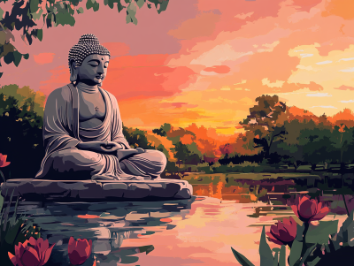 Buddha statue by the lake