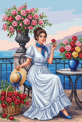 Woman with roses on the terrace