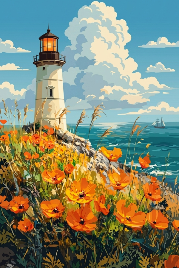 Lighthouse on a floral seashore