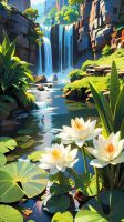 Waterfall with water lilies