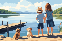 Children and puppies at the lake
