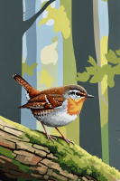 A small bird on the mossy branch