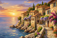 Seaside promenade at sunset