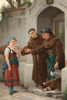 Friendly monks are giving flowers.