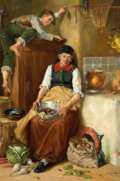 Rustic kitchen scene with a needlepoint tapestry