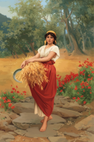 Reaping girl in a landscape - Tapestry or Needlepoint