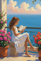 A girl is reading on the terrace.