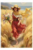 Girl with flowers in a meadow — needlepoint tapestry