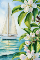 Sailing boat with floral patterns and a seaside landscape