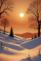 Winter landscape with an orange sky