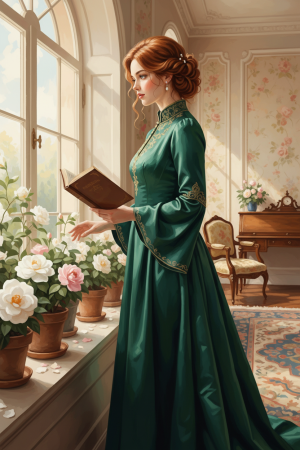 Lady at the window with roses