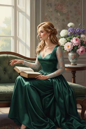 Lady reading a book in a green dress