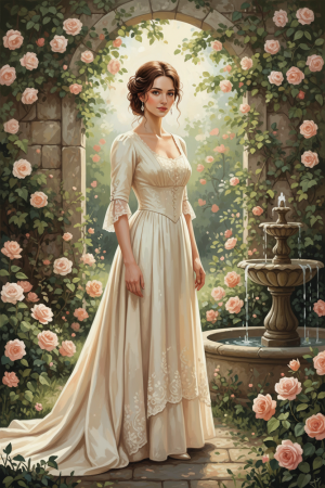 Lady at the rose garden fountain