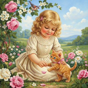Little girl, kitten, rose garden, idyll