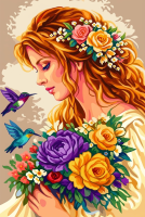 Lady with bouquet and hummingbirds