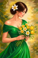 Lady in a green dress with a bouquet of yellow flowers