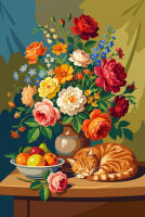 Still life with flowers and cat