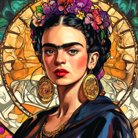 Frida Kahlo portrait in the style of Alphonse Mucha.