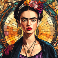 Frida Kahlo portrait in the style of Alphonse Mucha.