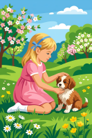 Girl with dog in a spring landscape