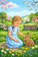Girl with bunny in a spring landscape